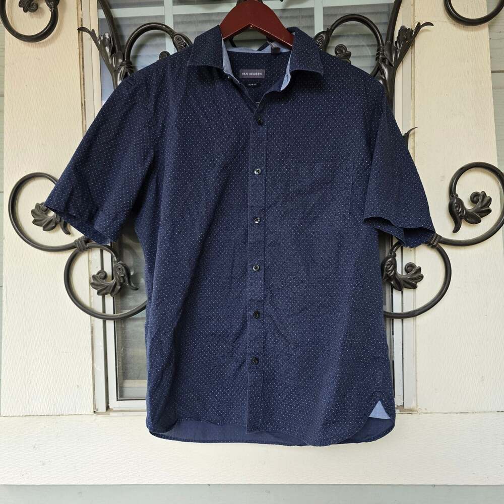 Van Heusen Men's Slim Fit Short Sleeve Micro-Dot Button Down Shirt, Navy - M